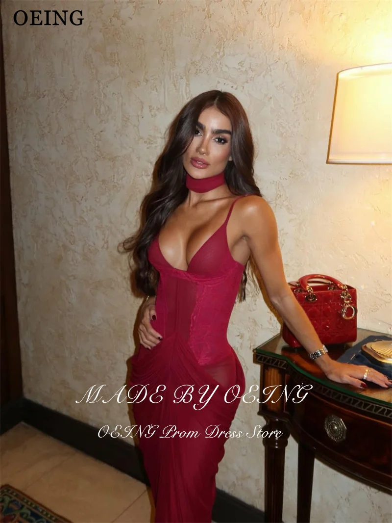 OEING Sexy Mermaid Prom Dresses Lace Illusion Pleats Sleeveless Spaghetti Strap Party Dresses robes de soirée Customized - view 4