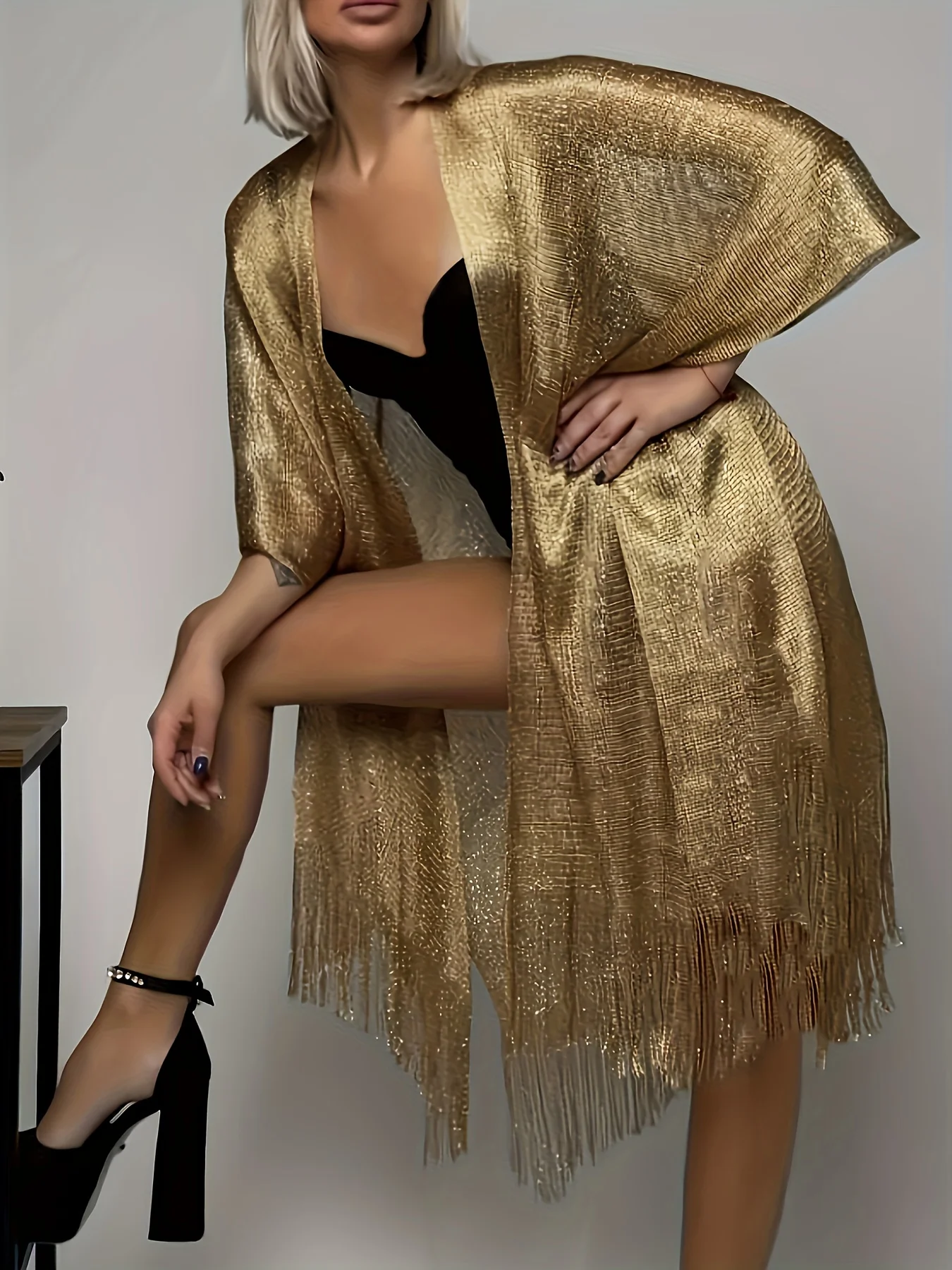 Sexy Fashion Banquet Sunscreen Shawl Gold Silver Shiny Scarves For Women Lace Tassel Party Evening Dress Scarf image 3
