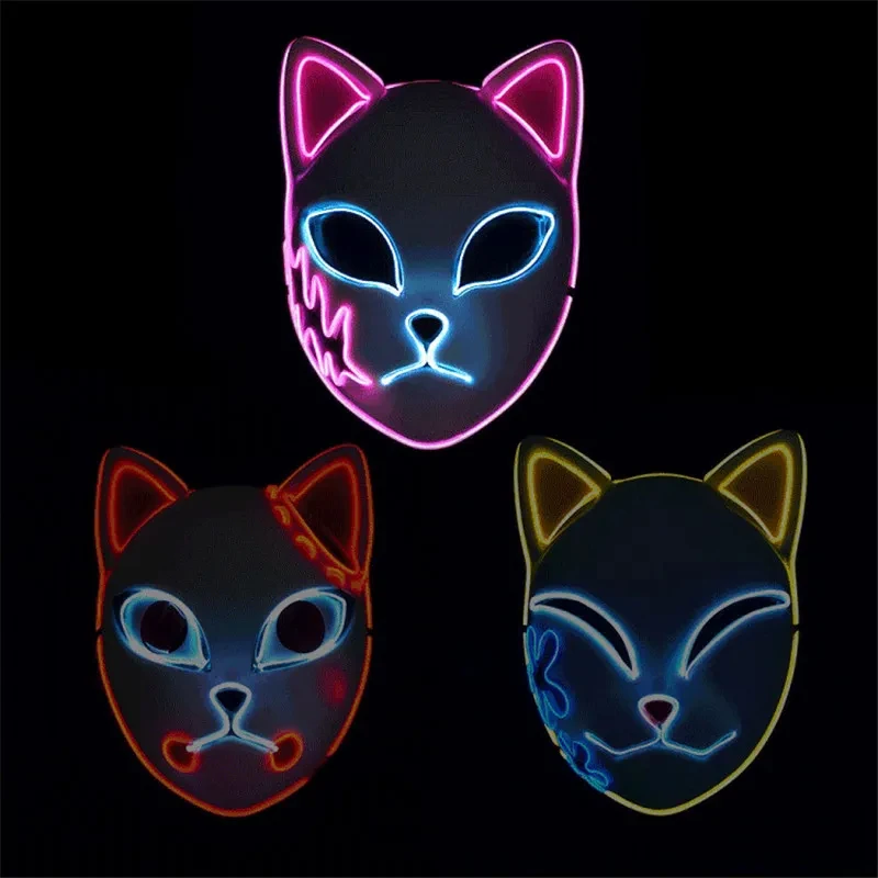 LED Glowing Cat Face Mask Cool Cosplay Neon Demon Slayer Fox Masks For Halloween Birthday Gift Carnival Party Masquerade Decor