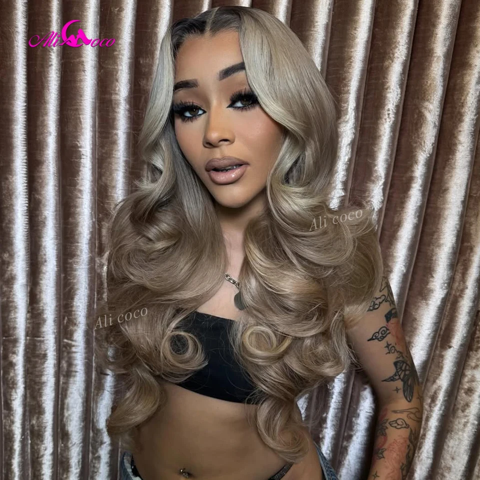 

Ombre Ash Blonde Two Pieces of Blonde Highligt 180 Плотность Объемная волна Парик из человеческих волос 13x6 HD Парик фронта шнурка Предварительно выщипанный для женщин