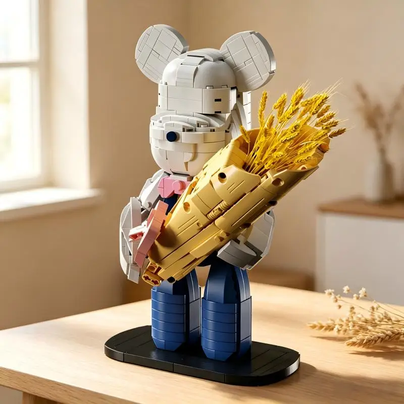 Stylish Bear‑Shaped Bricks Statue, Bouquet Design, Desktop Art Ornament, Trendy Collectible for Teen Building Hobby Lovers.