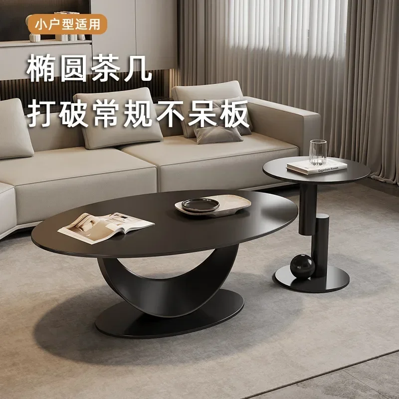 Summer oval pure black rock slab coffee table, light luxury modern simple household tea table