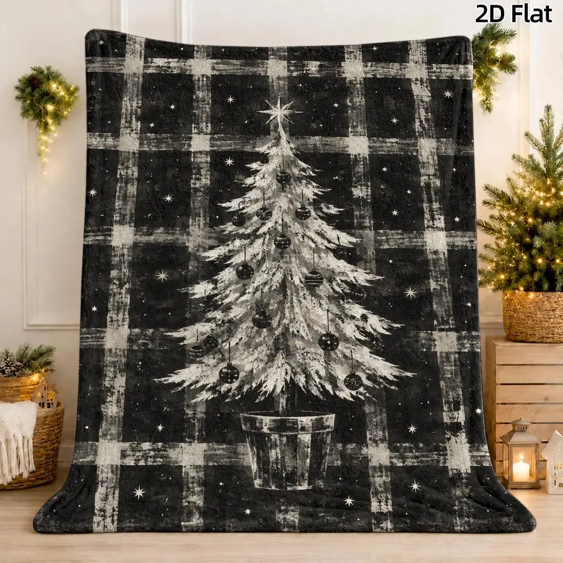1pc 2D Flat DIY Coloring Throw Blanket, Christmas Tree Starry Night Line Art, Vintage Floral Plaid Background Decor Blanket