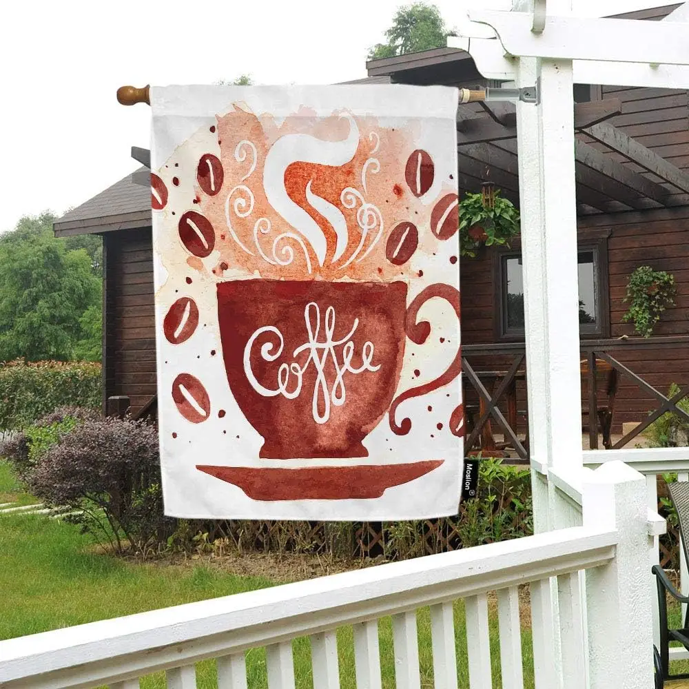 Coffee House Flag Watercolor Coffee Cup with Smoke Doodle Caffeine Coco Beans Garden Flags 28x40 Inch Double-Sided Banner Welcom