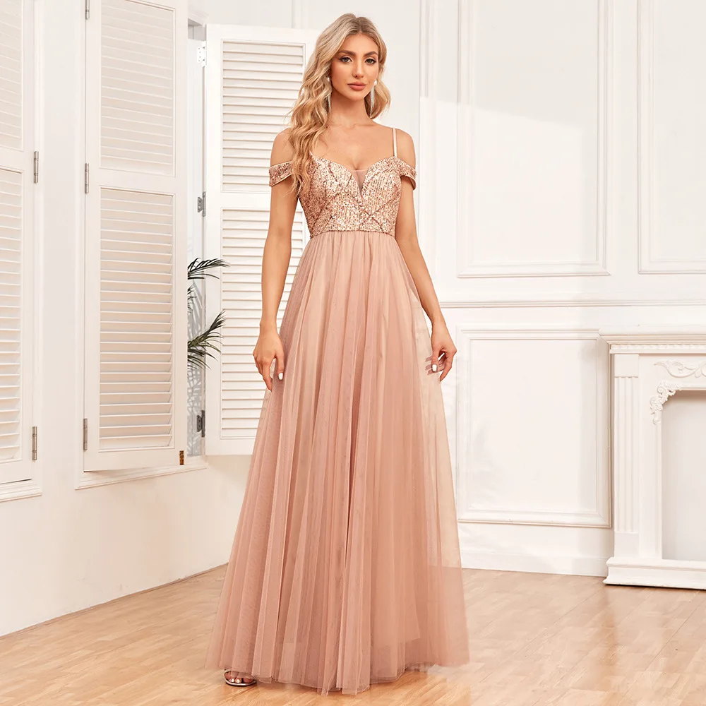 

New Sequin Embroidery Splicing Strap Dresses Spring Women Double V-neck Mesh Dress Summer High Waist Floor Length Camisole Dress