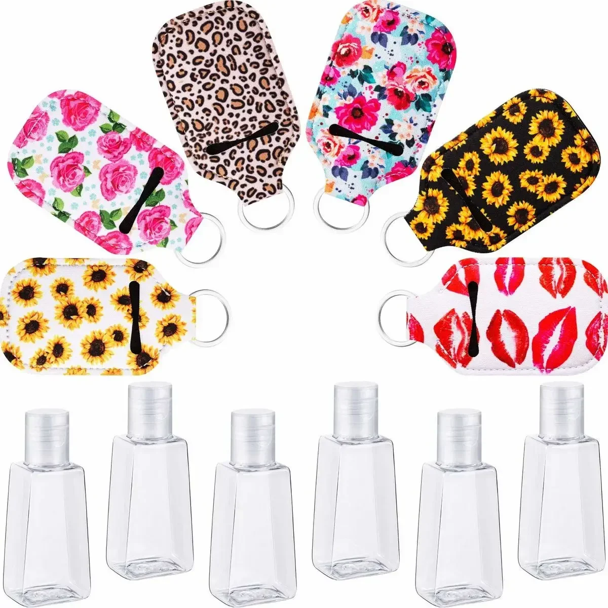 30mL Neoprene Sanitizer Holder Keychain With 6pcs Reusable Travel Bottle, Flip Cap Refillable Bottles For Liquids,freedom 6sets