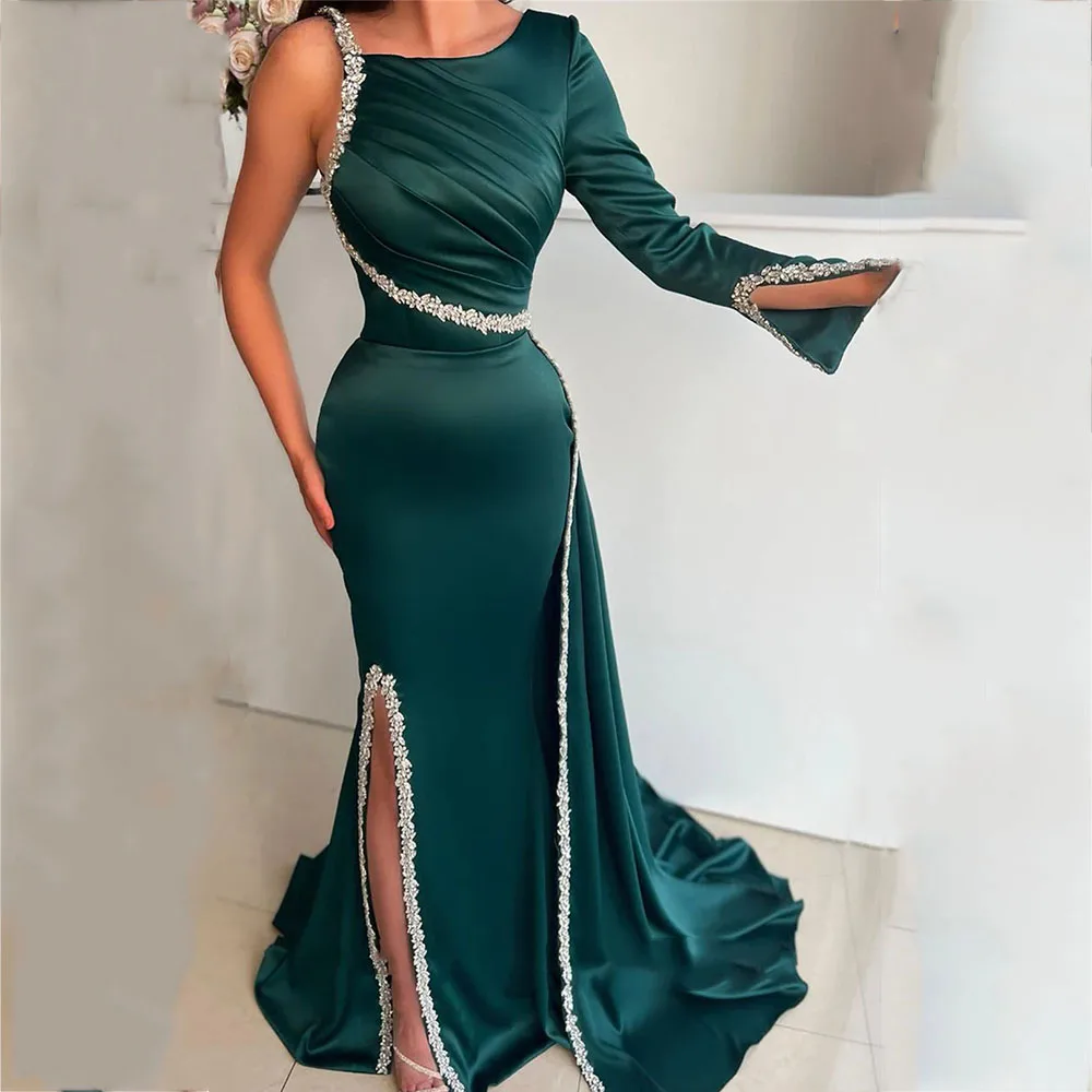 

Simple Pleats One-Shoulder Sequined Mermaid Women Evening Dresses Draped Slit Backless Court Train Prom Gowns