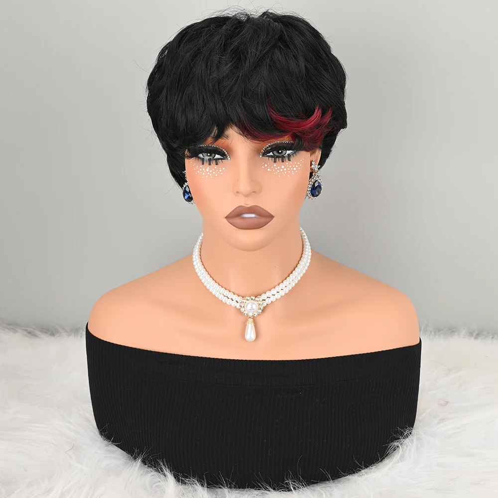 Black With Red Highlight Short Curly Pixie Synthetic Wig for Women Heat Resistant Fiber Full Wig for Daily Party Costume Use