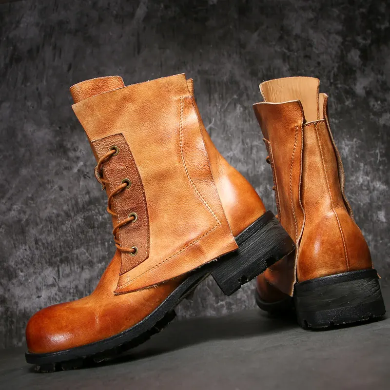 Handmade Vintage Genuine Leather Motorcycle Boots American Men Shoes Big Round Toe Outdoor Hiking Work Boots
