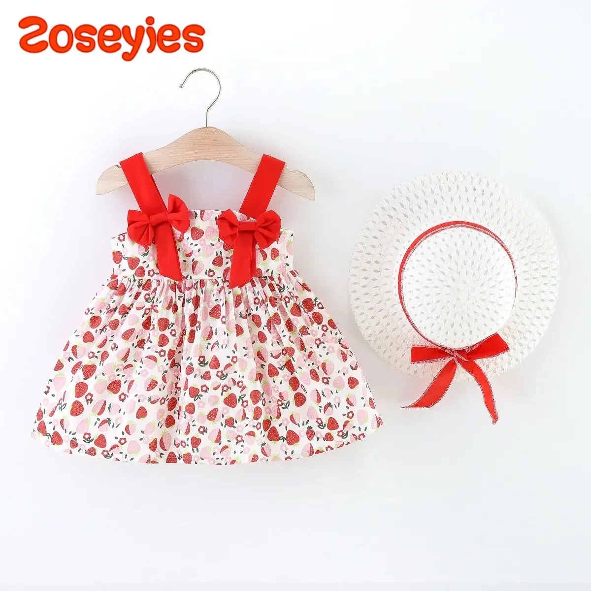 Summer new girls' dress bow strawberry print strap lovely cool dress with hat