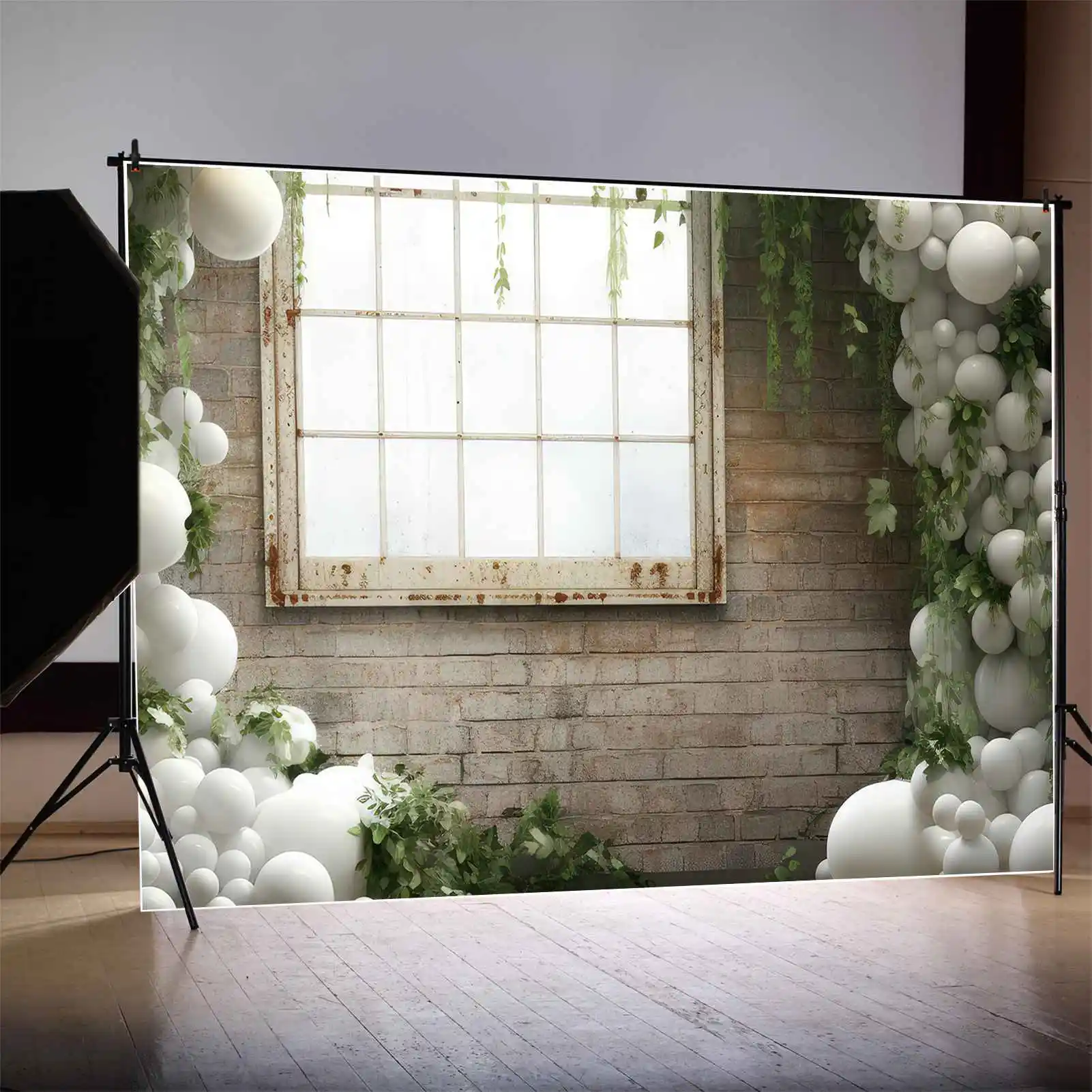 

MOON.QG Backdrop Wedding Brick Portrait Window for Photos Draping White Balloon Green Grass Background Birthday Party Decoration