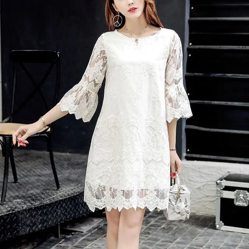 Women\'s Clothing Elegant Lace Patchwork Midi Dress O-Neck Spring Summer 3/4 Sleeve Commute A-Line Fashion Hollow Out Dresses New