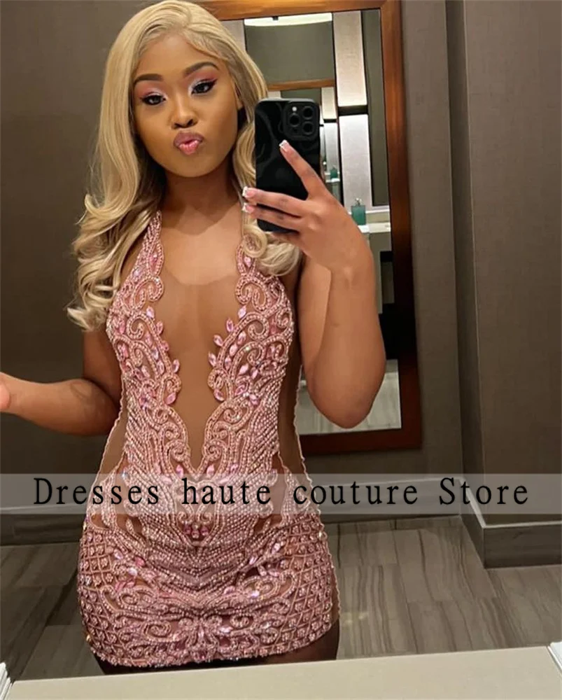 Pink Crystal Rhinestones Short Prom Dress For Black Girls 2025 Birthday Party Gowns Diamonds Mini Cocktail Dresses Customized