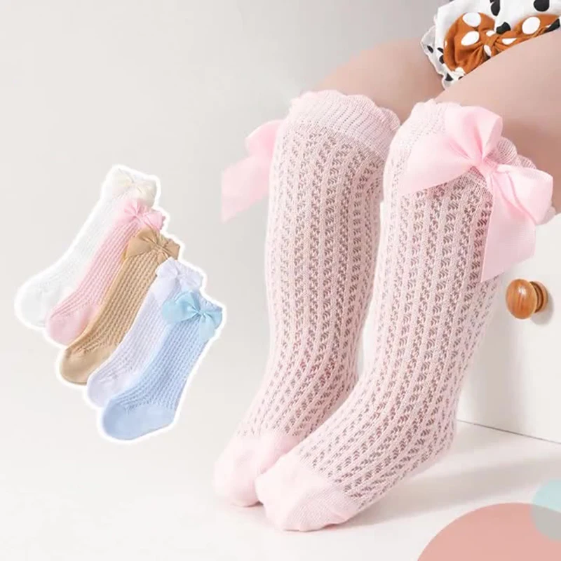 0-24Month Baby Girl Socks Toddler Bow Cotton Summer Mesh Lace Baby Knee Socks Newborn Infant Baby Princess Long Socks 2025 New