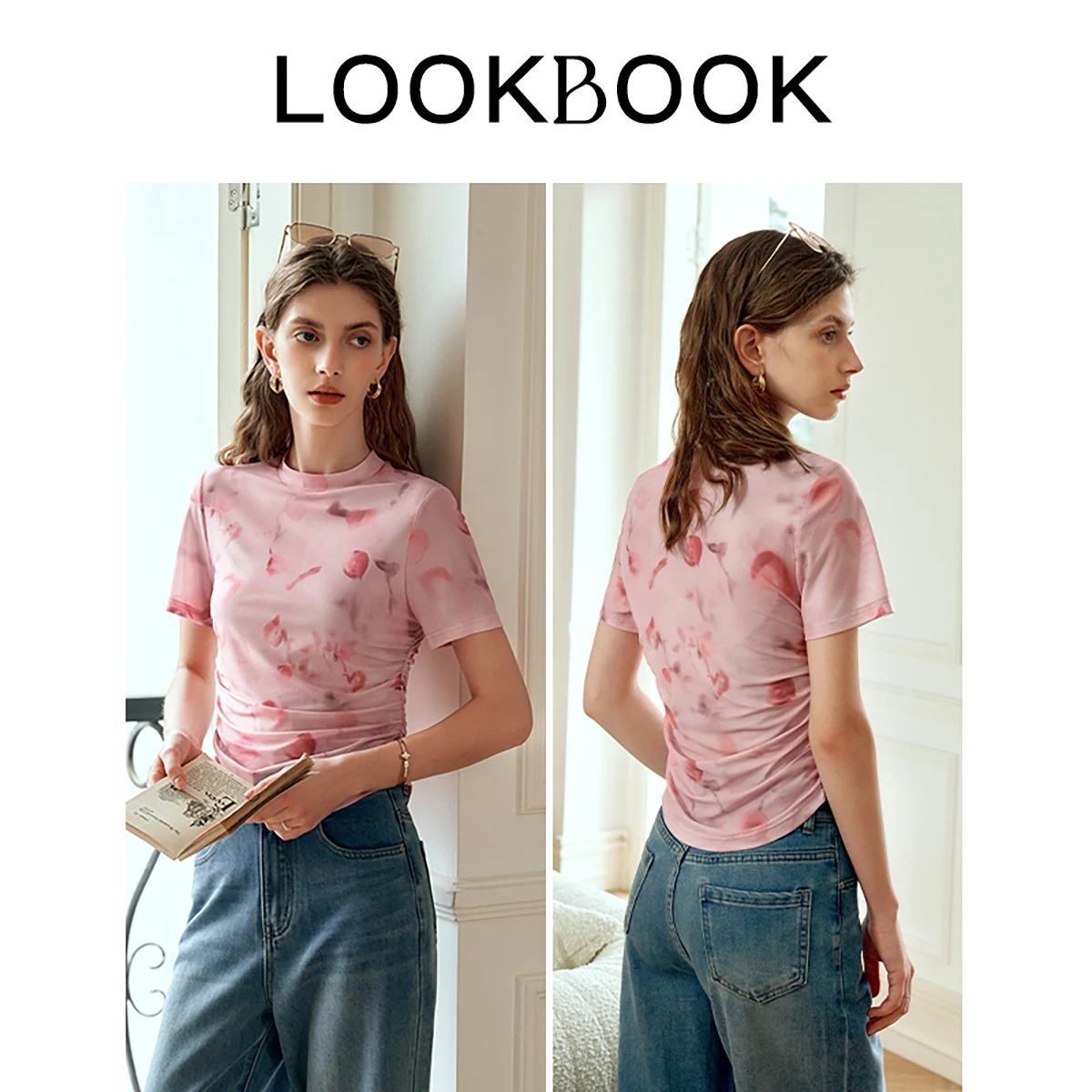 OLrain  Mesh T-shirt Printing Round Neck Shirring Folds Ladies Short Sleeve Straight Tees Top 2025 Summer New O24XT91836