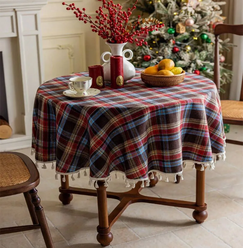 Christmas Red Plaid Tablecloth Decor Color Woven Polyester Cotton Red Green Table Cover WithTassel for Home Party Dining Decor