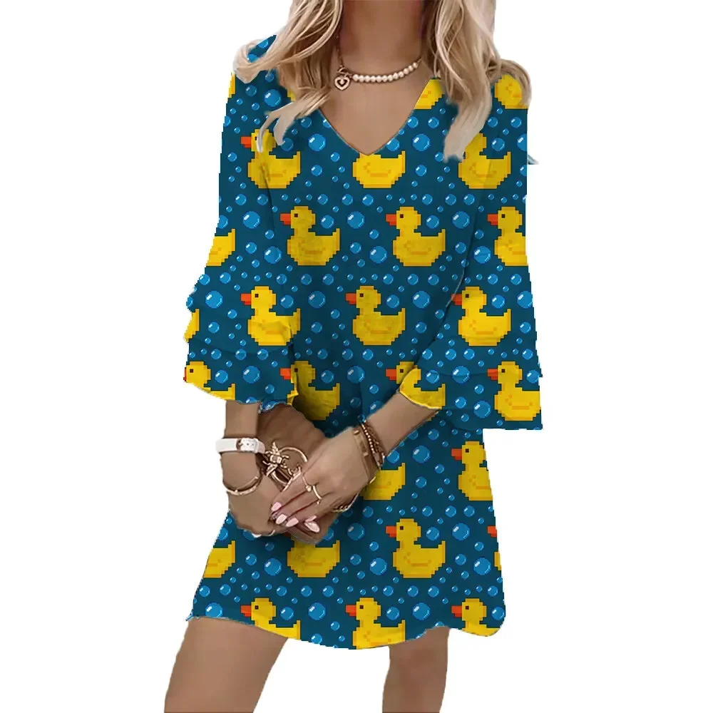 Jumeast Rubber Duck 3D-gedrucktes Damenkleid, lässig, V-Ausschnitt, ausgestellte Ärmel, niedliches Tier, eleganter Rock im tropischen Stil