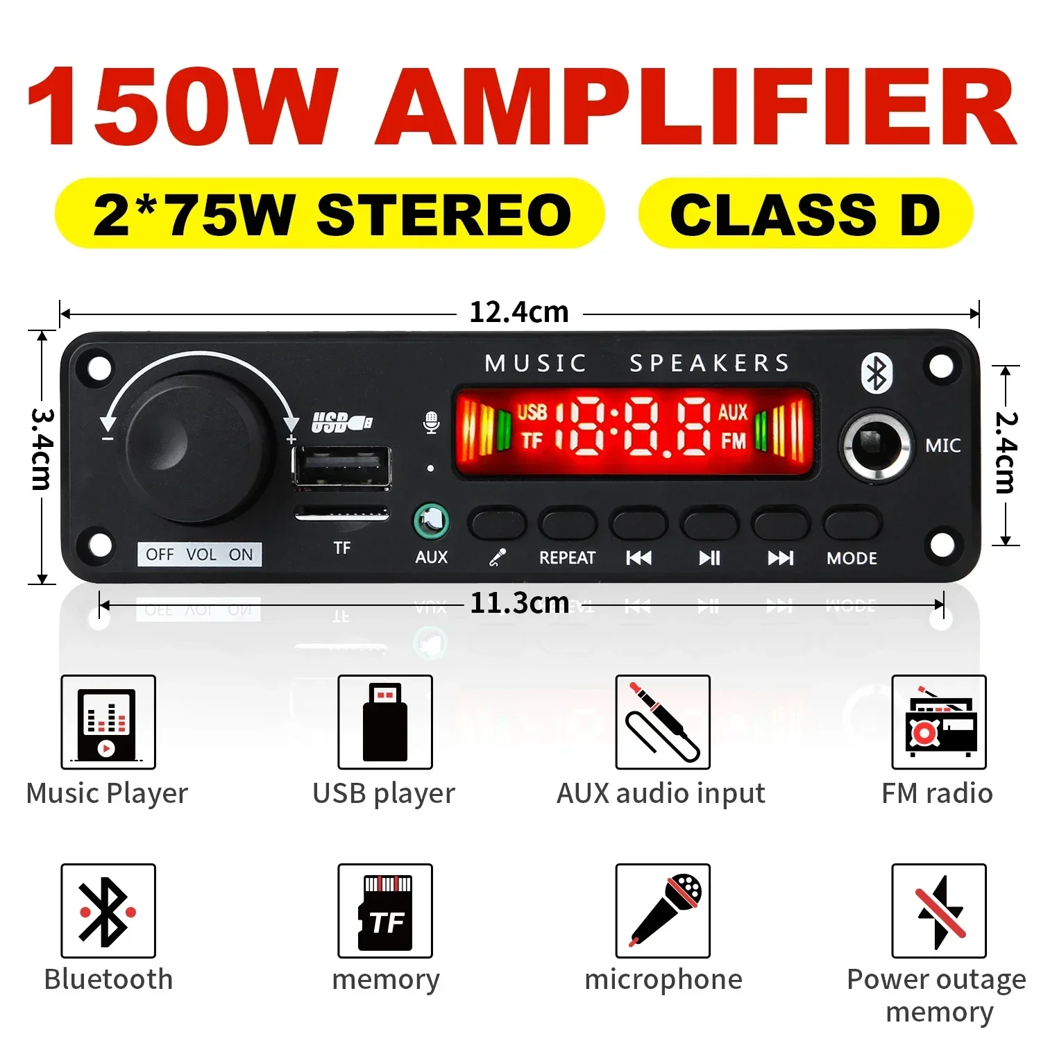 Placa decodificadora de MP3 con Bluetooth 5,0, amplificador de 2x75W y 80W, reproductor de Audio de 12V, módulo de Radio FM para coche, TF, USB, micrófono, grabación de llamadas