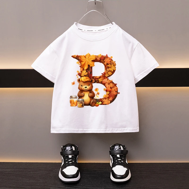 Maple Leaves Letter B Children T-shirt Kawaii Clothes for Girls T Shirt Anime Cartoons Casual Kid Boy Short Sleeve Tops New 2024