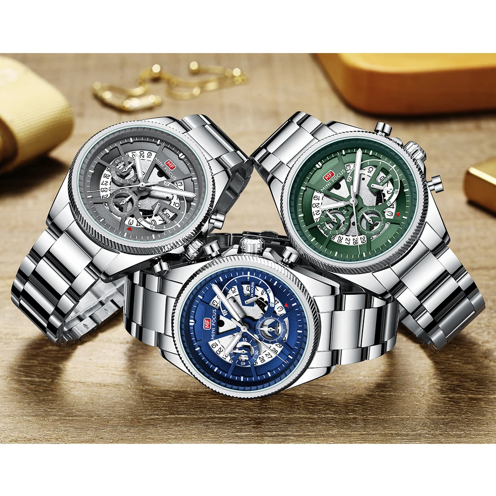 MINI FOCUS Stainless Steel Strap Chronograph Quartz Watch for Men Fashion Waterproof Luminous Dress Wristwatch with Date 0490