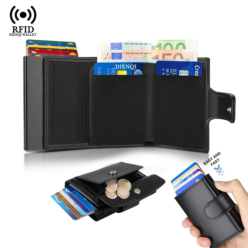 حافظة بطاقات عمل معدنية حامل بطاقة الائتمان Rfid محفظة سوداء ثلاثية الطي مع غلق بمشبك حقيبة نقود صغيرة محافظ للعملات المعدنية للرجال
