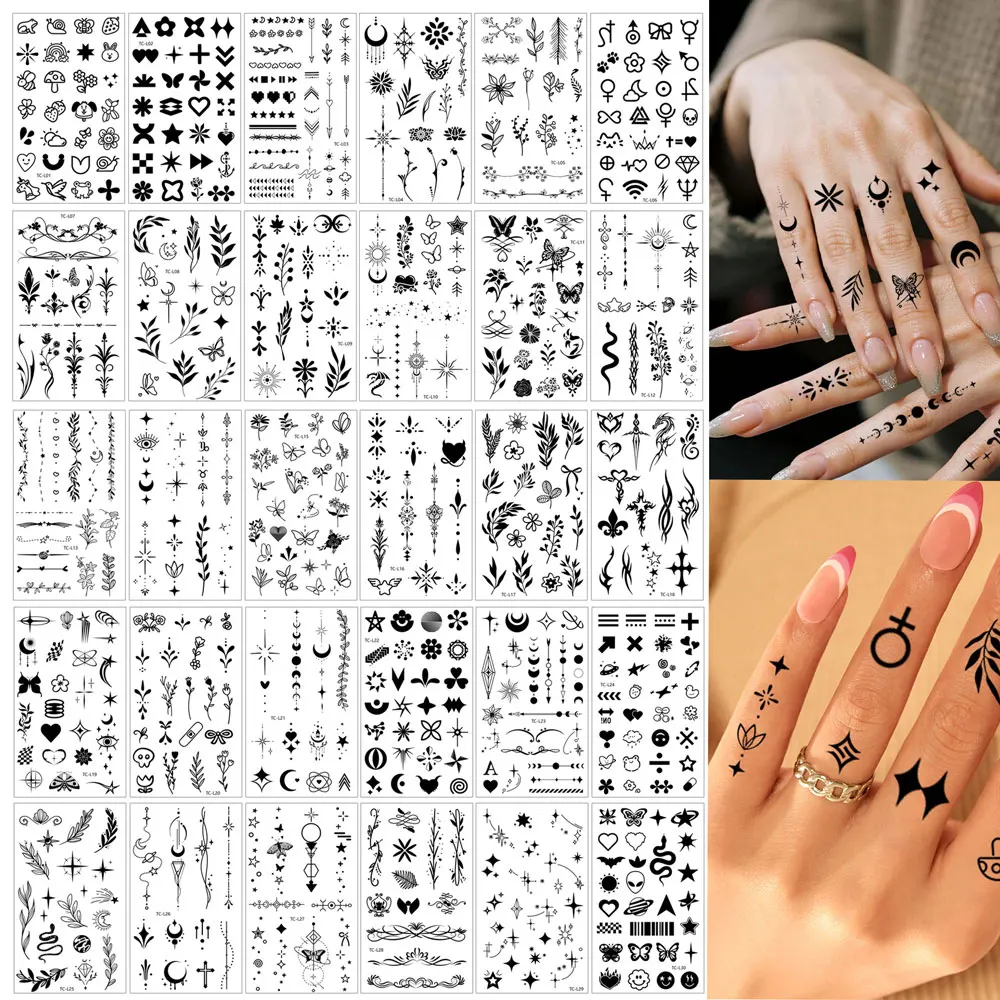 30Sheets Black Waterproof  Finger Tattoo Stickers Butterfly Flower Leaves Moon Realistic Temporary Tattoo Stickers for Men Women