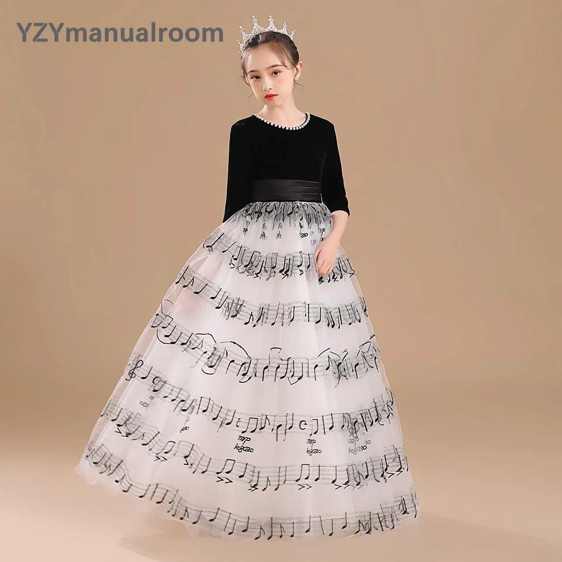 Princess Tulle Girls Dress O Neck Junior Bridesmaid Dresses Christmas Long Junior Concert Bithday Party Pageant Gown Music Note