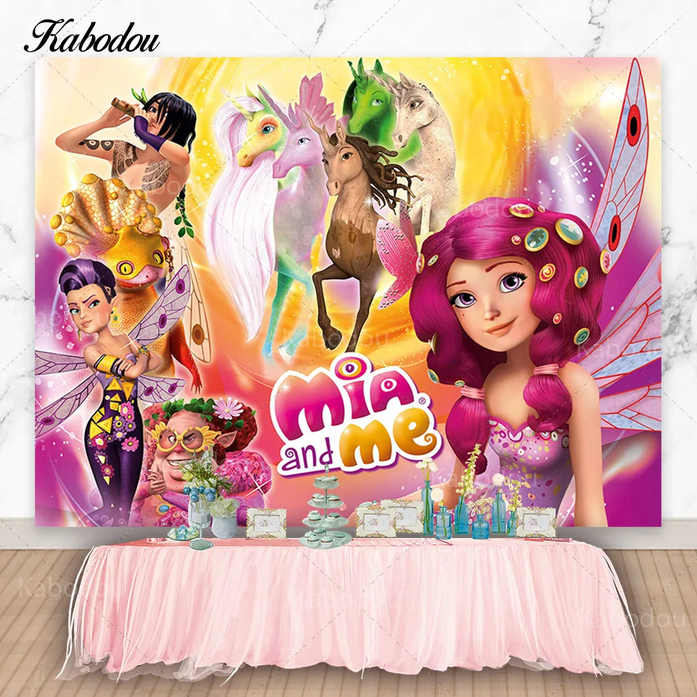 Kabodou Mia and Me Photo Backdrop Birthday Photography Unicorn Background Pink Fairy Vinyl Polyester Decorations Banner