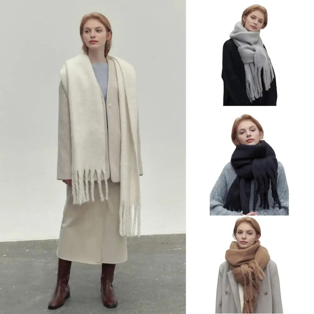 

Knitting Scarf Cozy Knitted Winter Scarf with Tassel Detailing Women's Thick Warm Scarf for Weather Versatile Solid Color Design