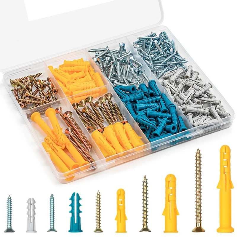 PORK-270PCS Drywall Anchors And Screws Assortment Kit ,135 Plastic Wall Anchors And 135 Screws With Organizer Box