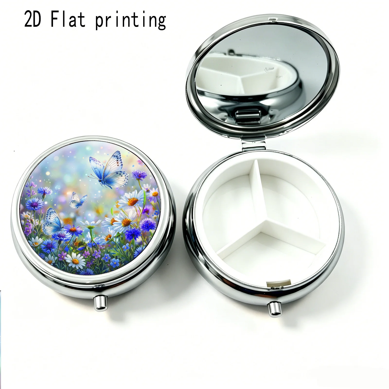 Single-Pack, Flat-Printed, Portable Mini Three-Compartment Pill Box, Soft Light Daisy Cornflower Blue Butterfly Fantasy Light Spot Floral Print, Travel Medicine Storage Box, Sealed and Moisture-Proof, Capsule Vitamin Organizer, Portable Small Pill Box