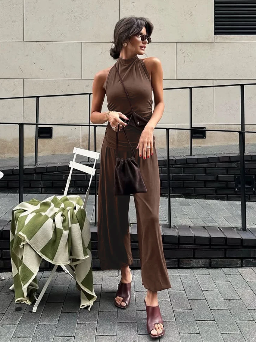 

Marthaqiqi Casual Ladies Sleepwear Set Sleeveless Nightie O-Neck Pajamas Backless Nightgowns Pants Brown Female Nightwear Suits