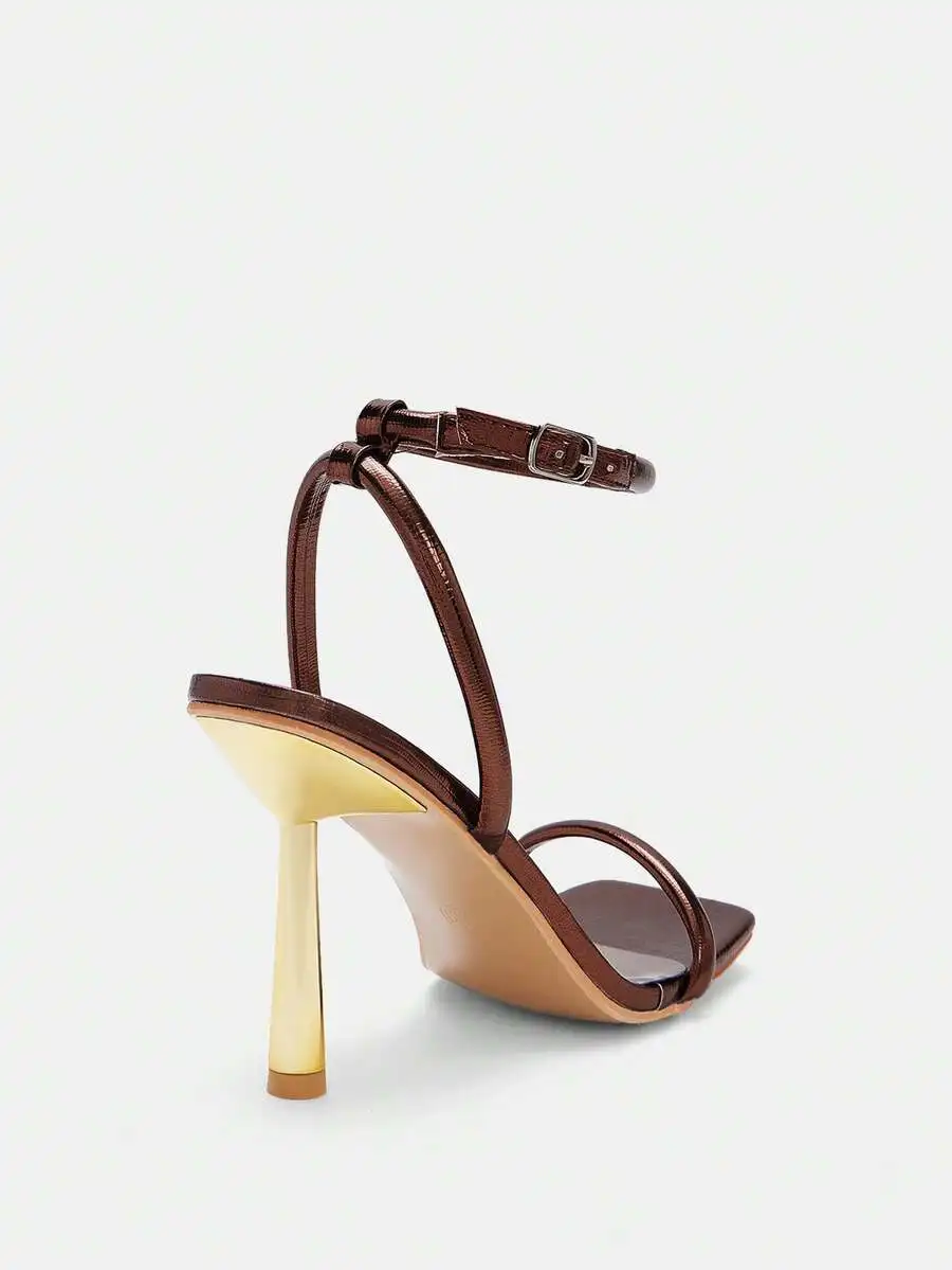 Sandalias de Tacón Alto con Correa en el Tobillo y Punta Cuadrada Color Bronce para Mujer