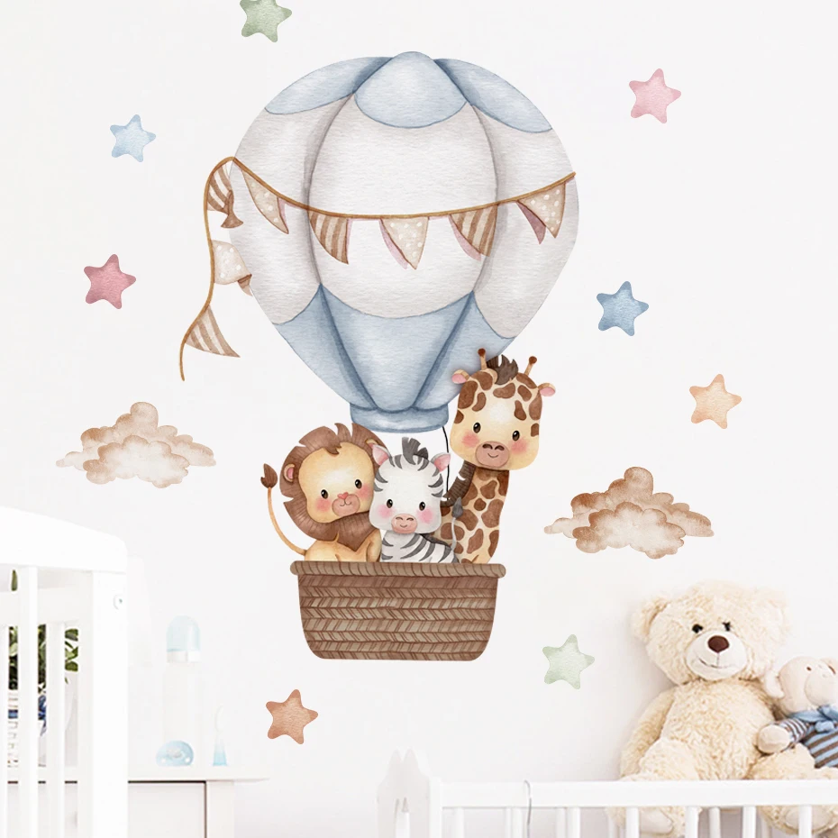 

Watercolor Cartoon Hot Air Balloon Aniamls Star Stickers Nursery Wall Decals Art For Baby Kids Room Wholesale Home Decor