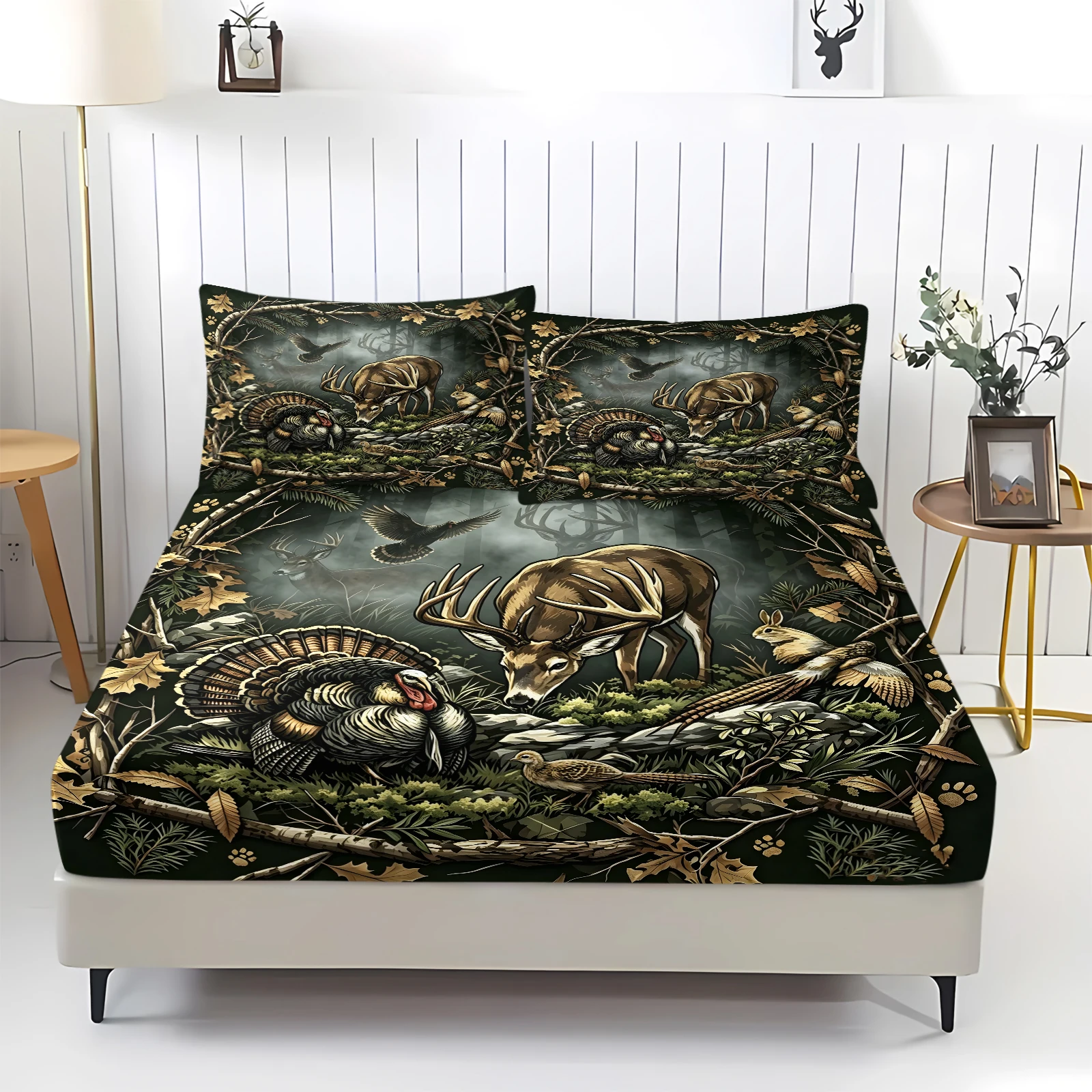 Dark Rustic Hunting Wildlife Fitted Sheet Set Deer Turkey Mattress Cover Forest Wild Animal Bed Set Cabin Home Decoration 3pcs