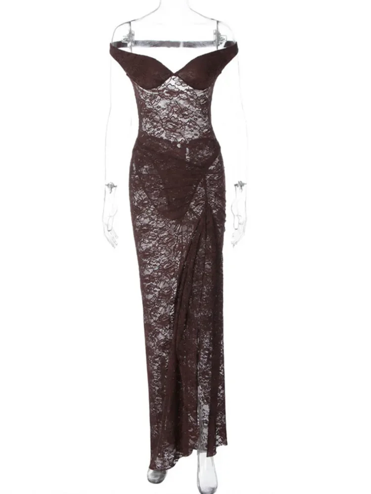 Lace See Through Sexy Two Piece Set Women Elegant Off-shoulder Backless Bodysuit And Maxi Skirt Matching Club Dress Set