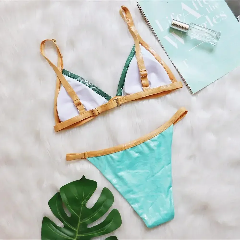 بيكيني مثير مطرز لعام 2025 بخصر منخفض مكون من قطعتين ملابس سباحة نسائية مرقعة بألوان متباينة ملابس سباحة برازيلية للشاطئ تانكيني