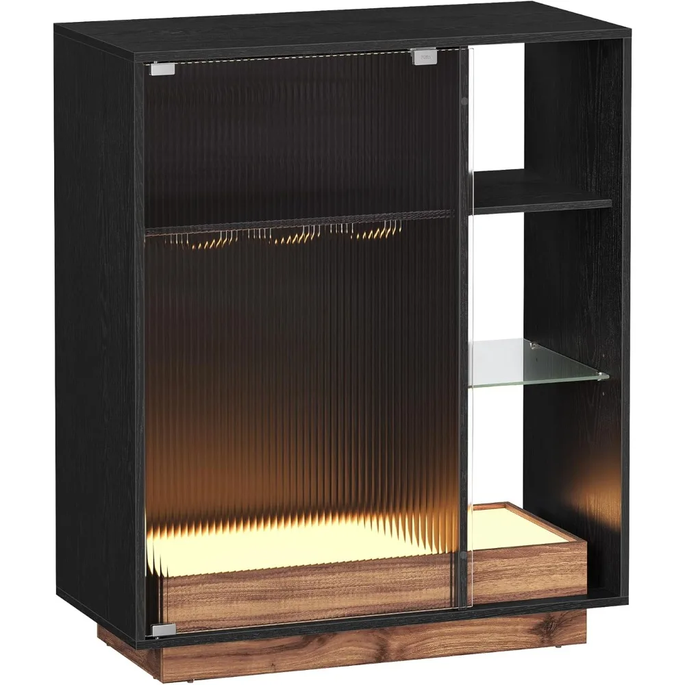 Wine Bar Cabinet with Lights, LED Sideboard Cabinet with Wine Storage, Coffee Bar Cabinet for Liquor, with Glass Holder