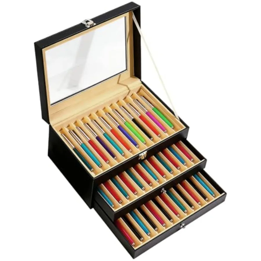 

Трехслойный футляр для перьевых ручек на 36 слотов, органайзер для ручек из искусственной кожи с прозрачной крышкой, коробка для демонстрации ручек, 12,2 x 7,9 x 5,1 дюйма