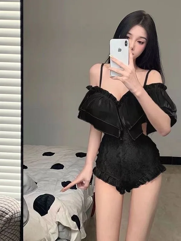 Hot Spring Swimsuit For Women Sexy Bodysuit One-piece Slimming 2025 Gathering Lace Romper Sweet Korean Women 2025 New DIE4