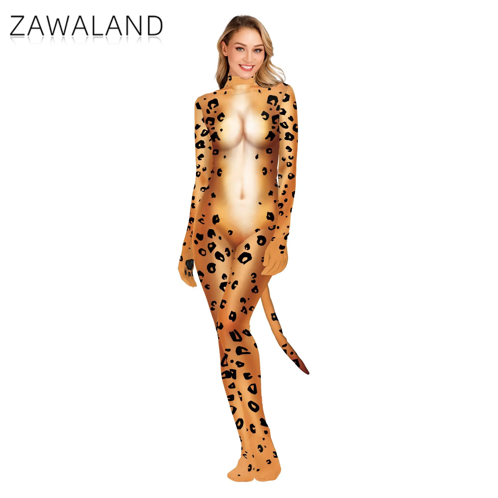 Zawaland Animal Leopard Printed Jumpsuit Catsuit Costume Sexy Zentai Cosplay Bodysuit Suit Full Cover with Tail Fitness Outfit