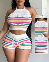 sexy elegant womens two piece sets outfi Striped Hollow Out Sleeveless Top& Drawstring Shorts Set new fashion 2024 summer casual