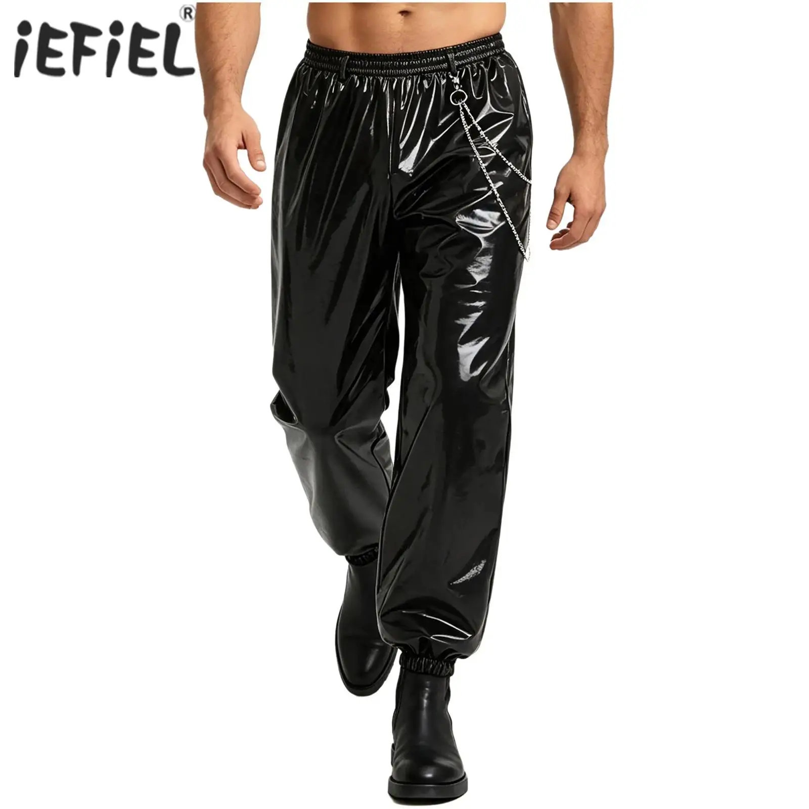 Mens Glossy PU Leather Loose Jogger Trousers with Waist Chain Baggy Joggers Trousers Punk Pants with Side Pockets Rave Clubwear
