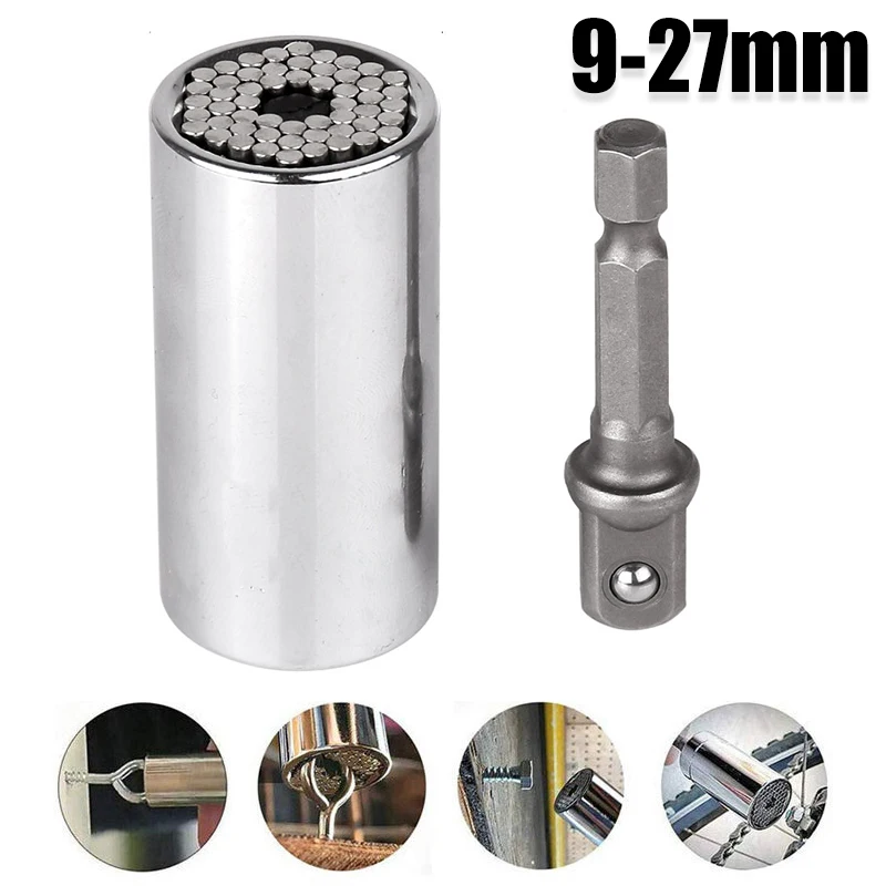 

9-27MM silver sleeve+1/2 extension rodUniversal Torque Wrench Head Set Sleeve Power Drill Spanner Grip Hand Repair Tools