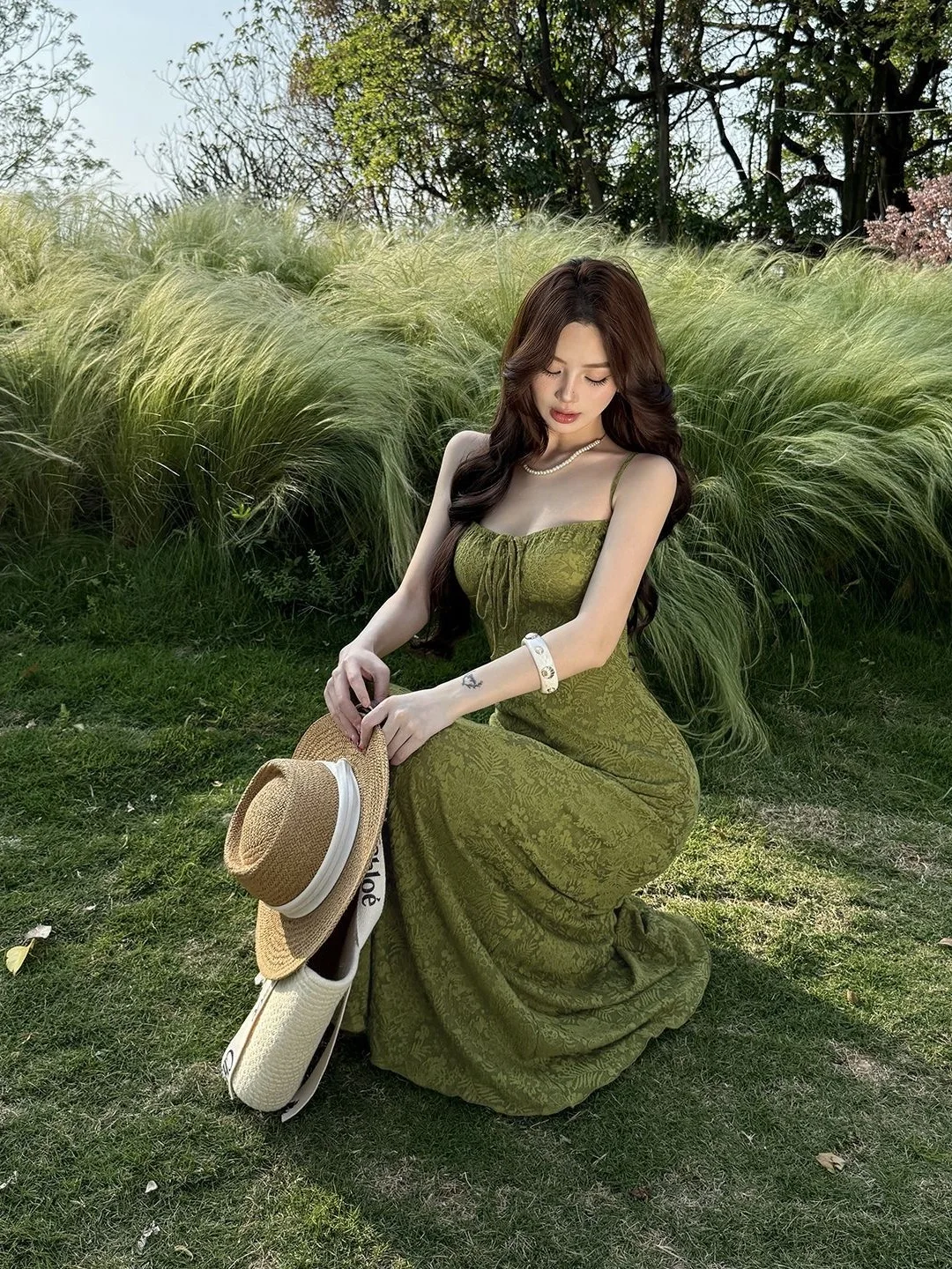 Sexy Green Strapless Long Dress Women's Summer Slim Fit Belted A-Line Dress Pure Desire Texture Casual Holiday Style Dress
