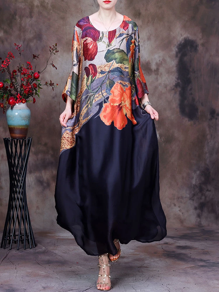 Spring Summer Large Size Long Sleeve Silk Dress 2024 New Floral Print  Elegant Beach Style  Maxi es for Women Q742