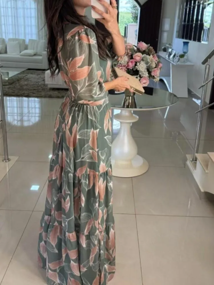 Lady Elegant Floral Print Dress Fashion V Neck High Waist Loose Dresses For Women Casual Holiday Party Skirt Womens Clothing New