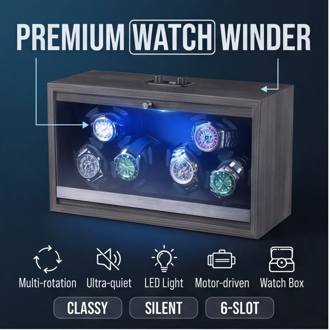 Premium 6-Slot Watch Winder Ultra Silent Mabuchi Motor Anti-Magnetic Automatic Rotation LED Light Dual Power Watch Box for Watch
