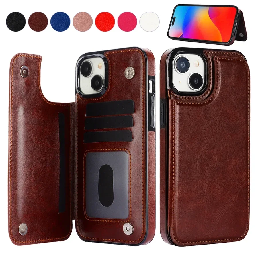 Double Button Flip Wallet Slot Protection Leather Case For iPhone 16 Pro Max 15 Plus 14 13 Mini 12 11 SE3 SE2 X XS XR 8 7 Cover