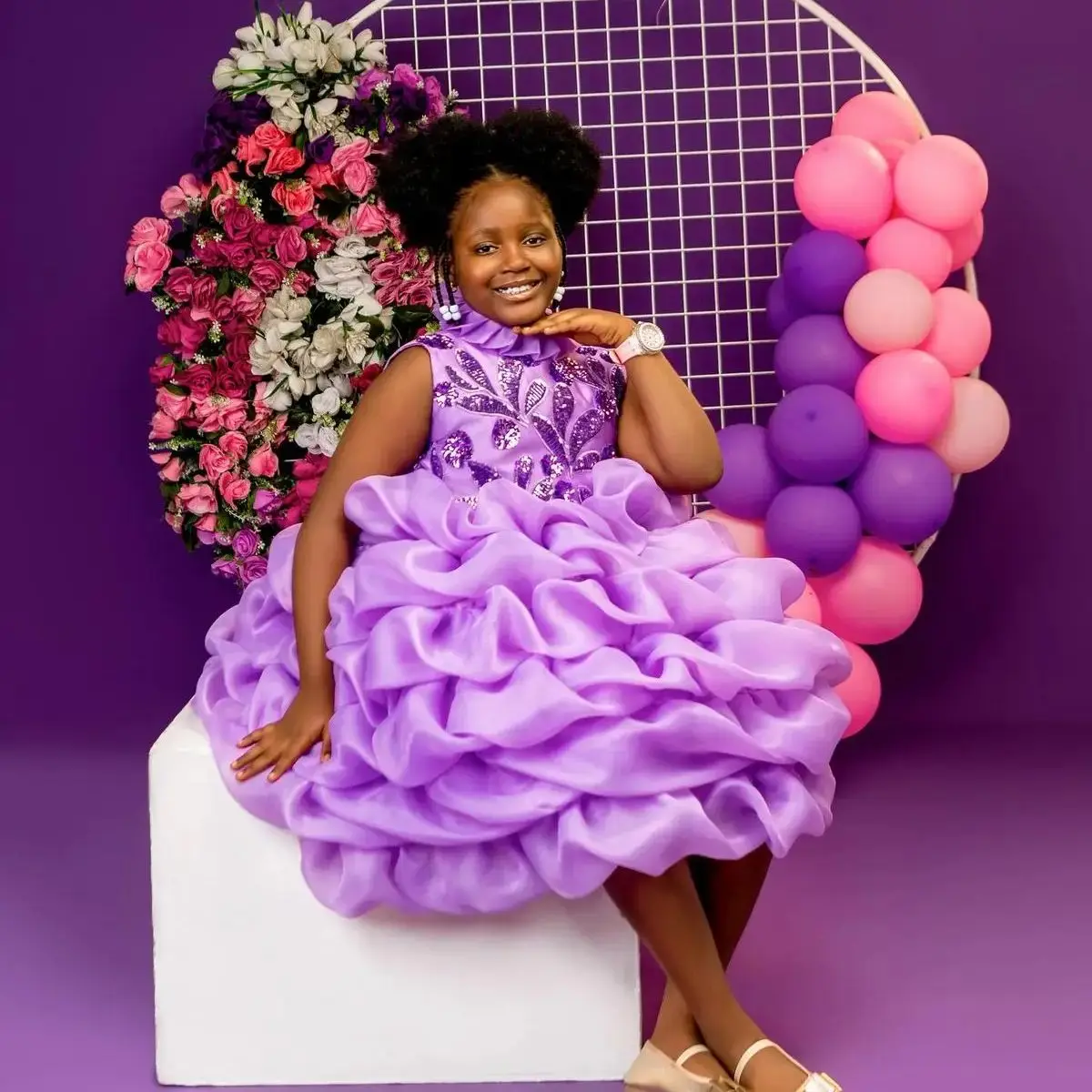 

Chic Lilac Flower Girls Dress High Neck Beading Princess Dress For Kid Birthday Party Evening Ball Gowns